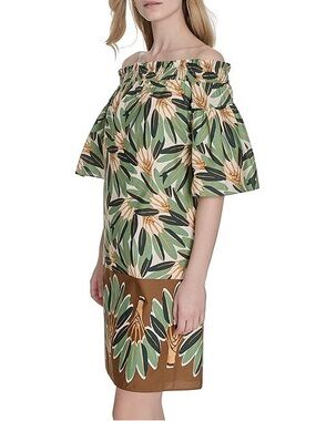 Vince Camuto Printed Poplin Off-The-Shoulder Short Sleeve Shift Dress Woman’s 8